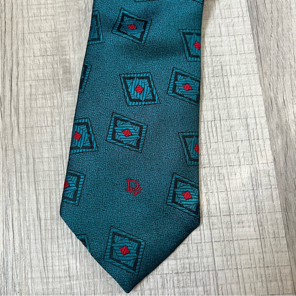 VINTAGE CHRISTIAN DIOR Silk Blend Teal Sheen Tie Pattern - Picture 4 of 10